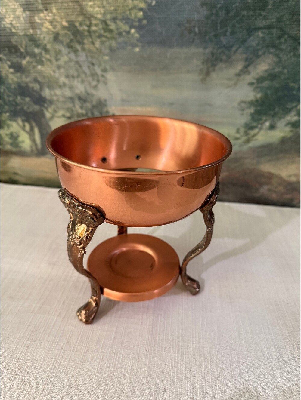 Vintage Copper Planter with Ornate Brass Tone Stand